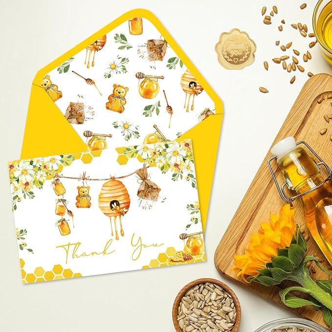 Whaline 50 Pack Little Honey Bee Baby Shower Thank You Cards Boxed Greeting Cards with Envelopes Stickers Honeycomb Flower Blank Note Card for Summer Birthday Party Supplies