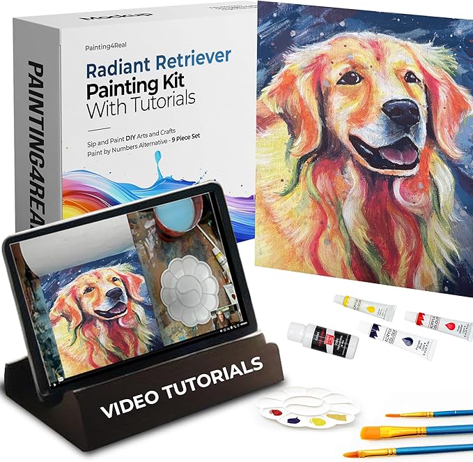 DIY Painting Class Kit for Adults with Video Tutorials: Learn to Paint Radiant Retriever – How to Paint with Acrylics – Painting & Art Supplies – 9 Piece Acrylic Paint Set