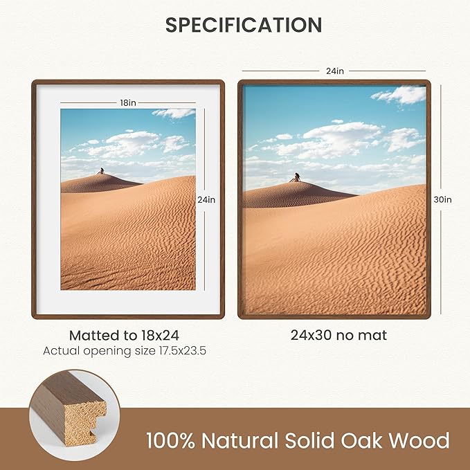 Natural Oak Wood Picture Frame 24x30, Wooden Poster Frame with Mat for 18x24, Round Corner 24 x 30 Matted Picture Frames with Resistant Plexiglass for Wall Mounting or Tabletop, Walnut Color, Set of 1