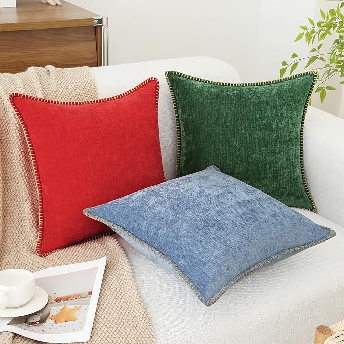 decorUhome Spring Chenille Soft Throw Pillow Covers 20x20 Set of 2, Farmhouse Velvet Neutral Decorative Pillow Covers with Stitched Edge for Couch Sofa Bed Home Decor, Blue
