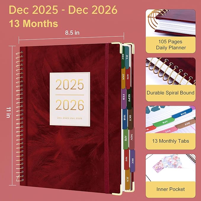 Yoment 2026 Planner Weekly and Monthly 8.5"x11" Large Hardcover Planner from Dec 2025 - Dec 2026 13 Months Calendar Academic Planners for Women Men Agenda Daily Weekly Yearly Planning with Tabs, Red