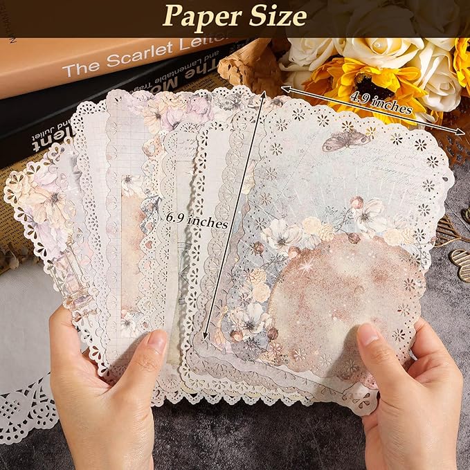 Vintage Scrapbook Supplies, 80 Sheets Lace Edged Scrapbook Stationery Paper with Double Sided Tape Roller for Junk Journal Making, Decoupage and Card Crafts, 4.9x6.9 Inches