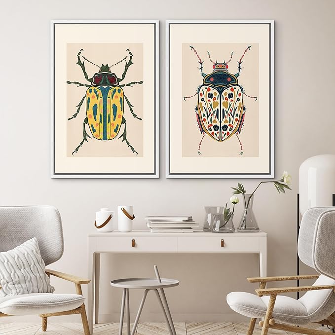 SIGNWIN Framed Canvas Print Wall Art Set Colorful Beetle Vintage Insect Illustrations Modern Art Minimal Boho Colorful for Living Room, Bedroom, Office - 16"x24"x2 WHITE