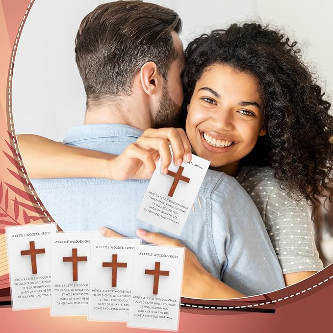 Bucherry 60 Set Pocket Hug Token Bulk Hug Greeting Cards with Mini Wooden Cross Greeting Cards Keepsake Exchange Card Relationship Gift for Friends Colleagues Family Christians Church Gifts (White)