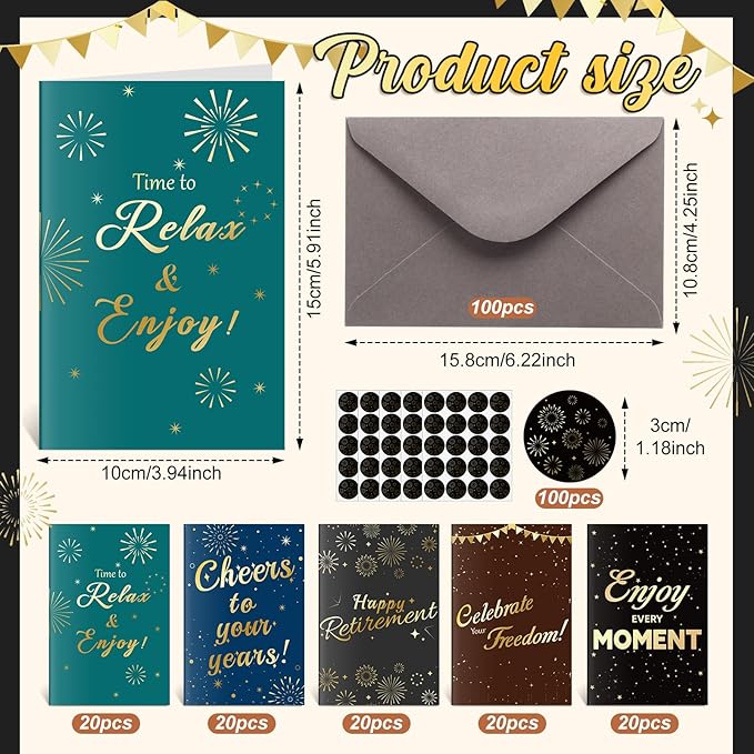 100 Sets Retirement Cards with Envelopes and Stickers Blank Inside Funny Retirement Card 5 Style Designs Greeting Card for Coworker Teacher Employee