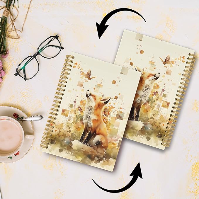 Fox Journal Notebook - Vintage Butterfly Floral Aesthetic Notebooks College Ruled for Work School, Fox Themed Gifts for Women, Office Supplies, Hardcover Spiral Notebook 5.5"x8.3"