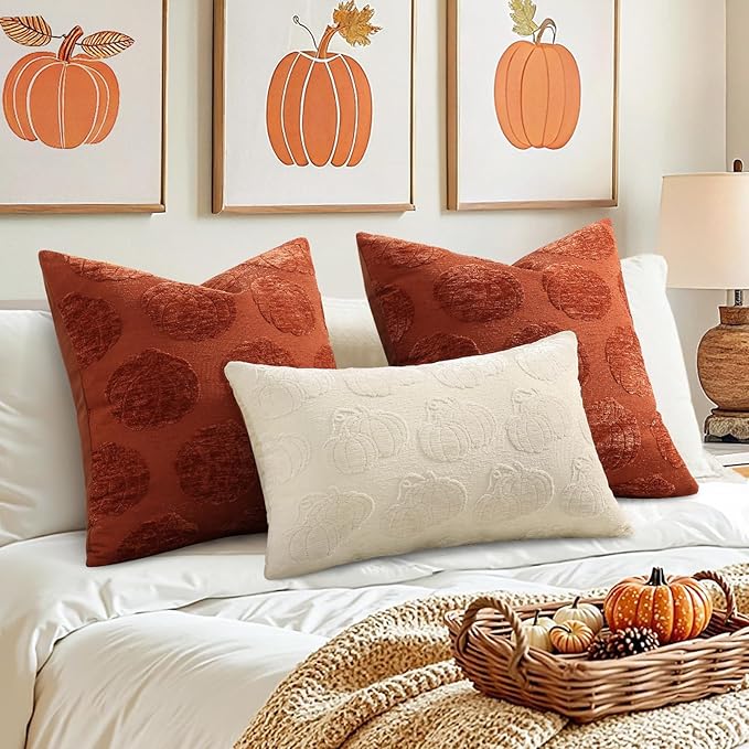 decorUhome Decorative Beige Pumpkin Thanksgiving Throw Pillow Covers 18x18 Set of 2, Soft Chenille Jacquard Farmhouse Textured Pillow Covers for Couch Bed Sofa Autumn Harvest Halloween Holiday