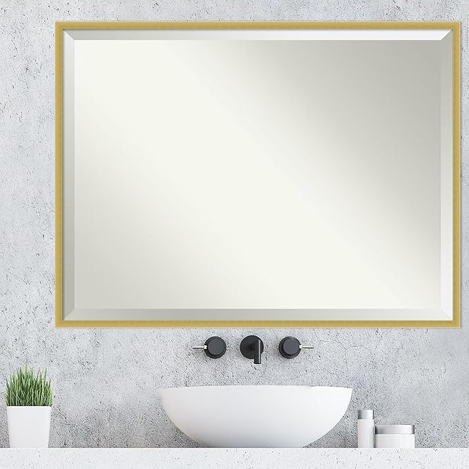 Amanti Art Gold Wall Mirror 31x41 Svelte Polished Gold Rectangle Bathroom Mirror for Wall Decor Living Room, X-Large Modern Wood Frame, Hangs Horizonally and Vertically, Bathroom Decor, Beveled Edge