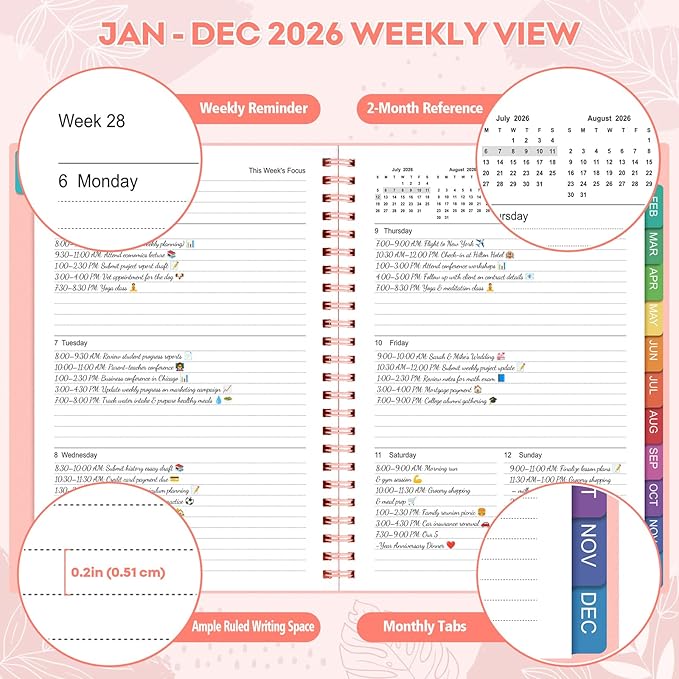2026 Planner – 2026 Planner Weekly and Monthly: Jan. 2026 - Dec. 2026, 5.5" x 8.2", 2026 Calendar Planner with Monthly Tabs, Flexible Cover, Thick Paper, Inner Pocket for School Office Supplies(Pink)