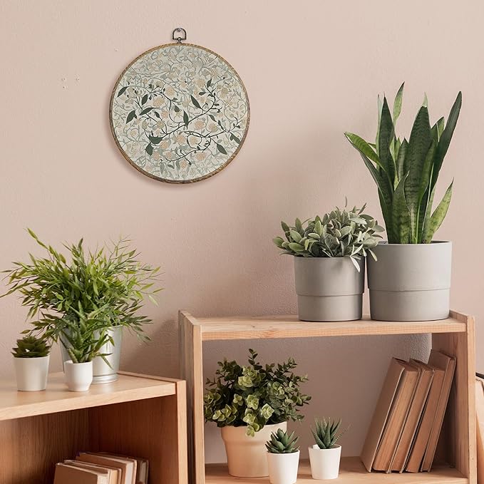 FUGWN Vintage Jasmine Floral Round Wall Art Decor Framed, William Morris Flower Botanical Canvas Artwork Prints, Retro Floral Wall Hanging Decorations for Home Bedroom Living Room, 10x10 Inch