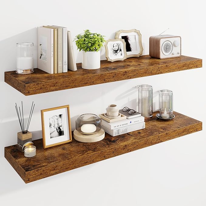Marsmiles 40" Floating Shelves for Wall, Wooden Shelves with Invisible Brackets Set of 2, Rustic Farmhouse Wall Mounted Shelf for Kitchen Bathroom Living Room Study, Rustic Brown