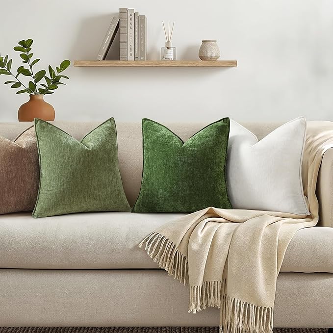 decorUhome Spring Couch Euro Sham Throw Pillow Covers 24x24 Set of 2, Decorative Soft Velvet Neutral Chenille Pillow Covers with Elegant Design for Sofa Bed Living Room Home Decor, Olive Green