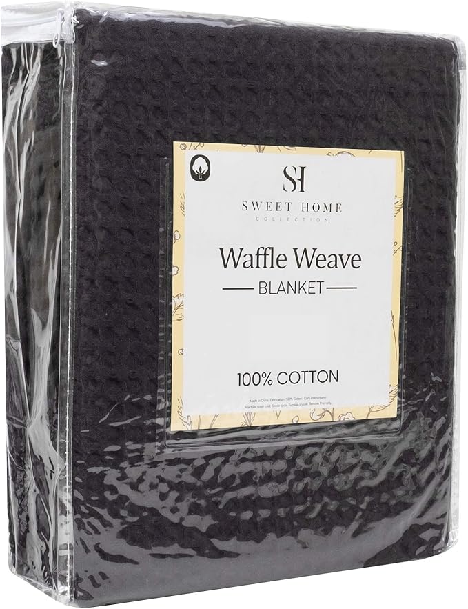 Sweet Home Collection 100% Fine Cotton Blanket Luxurious Weave Stylish Design Soft and Comfortable All Season Warmth, Full/Queen, Waffle Weave Black (Pack of 6)