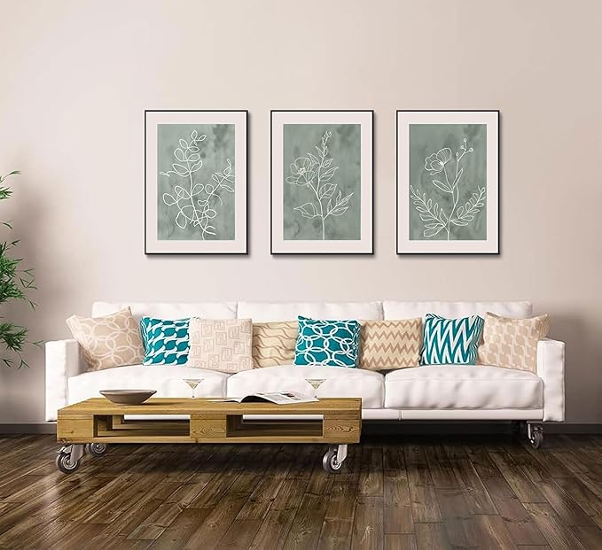 3Pcs Sage Green Botanical Wall Art Line Drawing Floral Canvas Poster Prints Modern Abstract Minimalist Picture Neutral Boho Artwork Simple Painting Wall Decor for Living Room Bedroom 12x16in Unframed