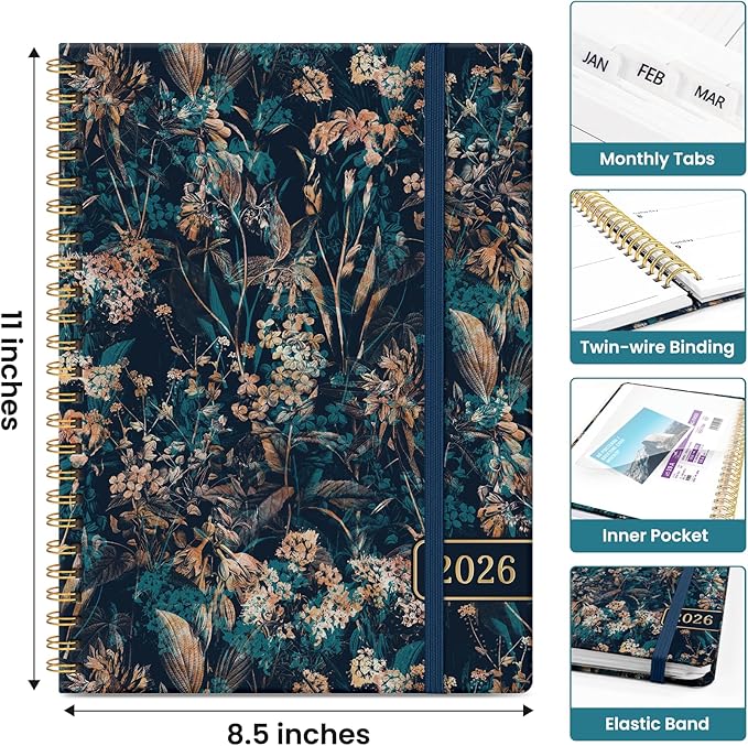 2026 Planner, Monthly and Weekly Calendar Planner for Women, Jan 2026 - Dec 2026, Hardcover Pretty 2026 Agenda Planner Book with Tabs, Spiral Bound, Perfect for School Office Home Supplies, 8.5" x 11" - Royal Flowers