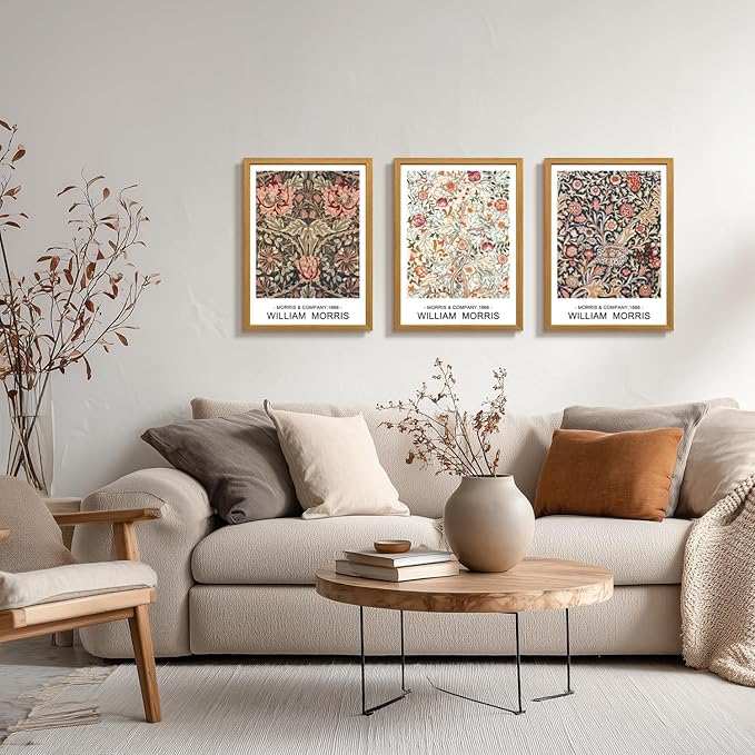 LLEEMPI William Morris Wall Art Set of 3, Vintage Botanical Wall Decor, Rustic Farmhouse Canvas Painting, Classic Minimalist Poster Prints for Bedroom Bathroom Office Wood Framed 16x24 Inch