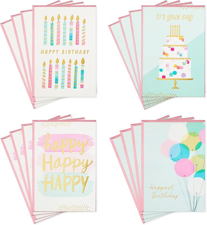 Hallmark Birthday Cards Assortment, 16 Cards with Envelopes (Cake, Candles, Balloons)