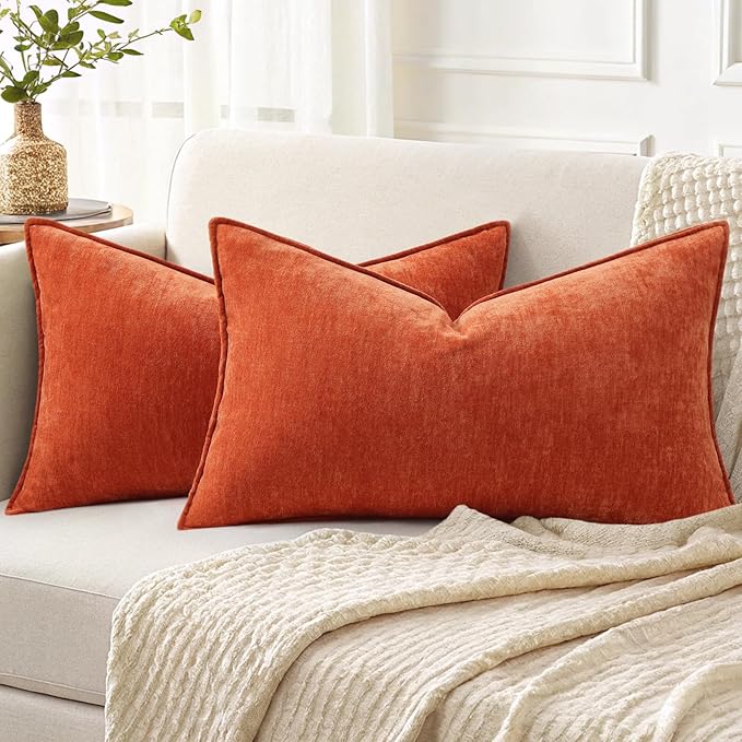 decorUhome Spring Couch Throw Pillow Covers 12x20 Set of 2, Decorative Soft Velvet Neutral Chenille Lumbar Pillow Covers with Elegant Design for Sofa Bed Living Room Home Decor, Rust