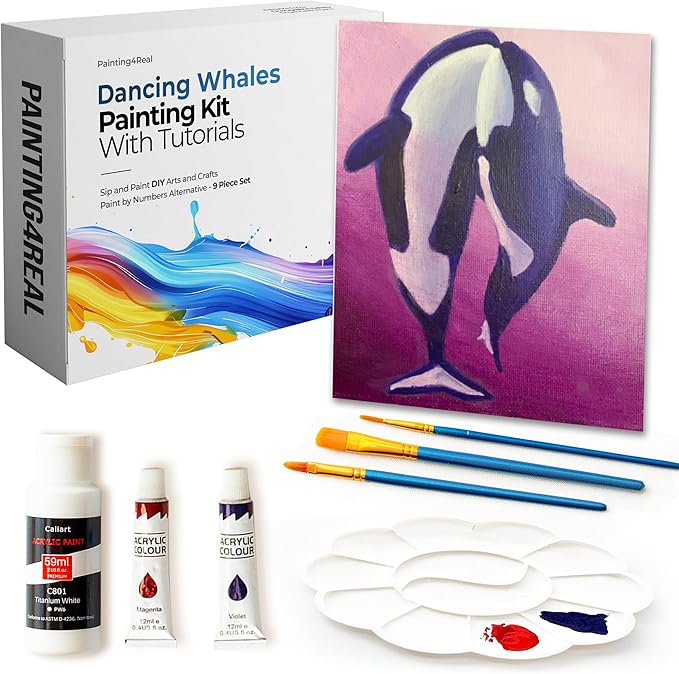 Painting4Real DIY Painting Class Kit for Adults with Video Tutorials: Learn to Paint Dancing Whales – How to Paint with Acrylics – Painting & Art Supplies – 9 Piece Acrylic Paint Set