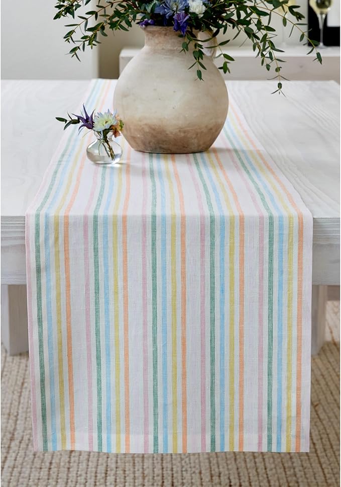 Solino Home Linen Table Runner 72 Inches Long - Julia, 100% Pure Linen Multicolor Muted Pastel Stripe Table Runner 14 x 72 Inch for Dining, Dresser, Spring, Easter
