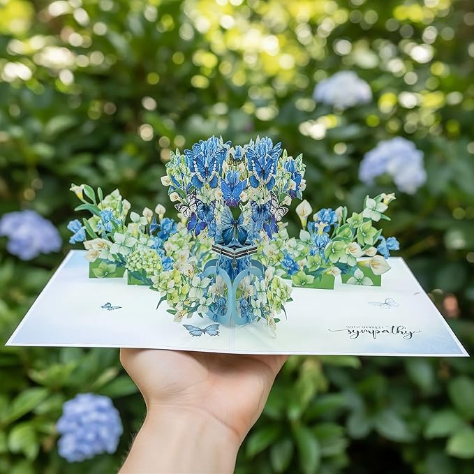 Sympathy 3D Pop-Up Card Hydrangea Flowers and Butterflies, Handmade Paper Condolence Card with Notecard and Envelope, Large Pop Up Greeting Card for Loss of Loved One, Mother, Father, Friend
