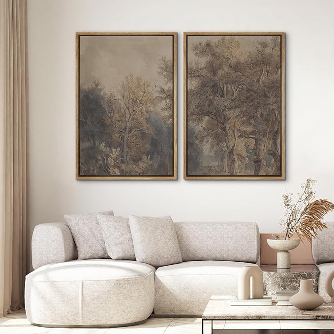 SIGNWIN Framed Canvas Print Wall Art Set Vintage Tree Sketch Classic Sepia-Toned Forest Illustrations Modern Art Scenic Colorful for Living Room, Bedroom, Office - 24"x36"x2 Natural