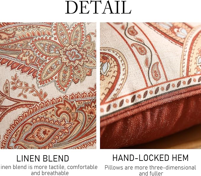 ISAENNE Design Linen Classic Vintage Throw Pillow Covers Set of 4, Lumbar Square Cushion Covers with Orange Yellow Paisley Style Pattern Decoration Pillowcases for Bed,Living Room,Outdoor,Car