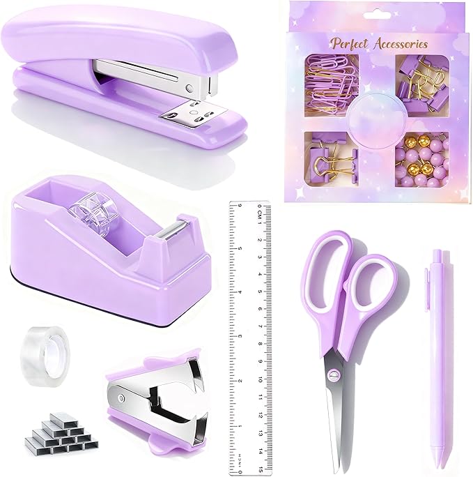 Purple Desk Accessories, Purple Office Supplies Accessories with Tape Dispenser, Stapler, Staple Remover, 1000 Staples, Tape, Clips Set, Ruler, Scissor, Pen