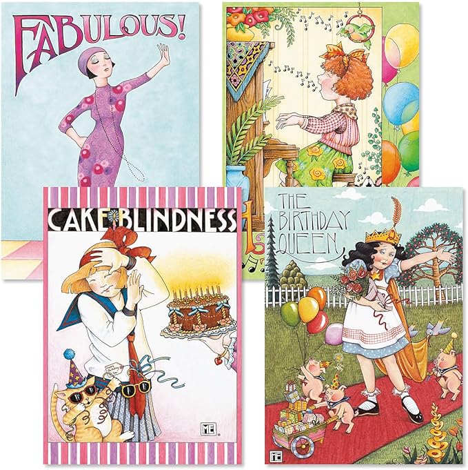 Current Birthday Cards by Mary Engelbreit - Sets of 8 (2 designs), 5" x 7" cards, and come with white envelopes.
