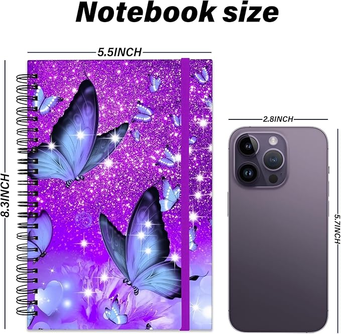 Spiral Notebook,Hardcover Journal Wide Ruled Spiral Notebook,A5 5.5 x 8.3 Inch,80GSM Thick Paper 60 Sheets 120 Pages for Girls Women School Office Aesthetic Cute-Purple Butterfly