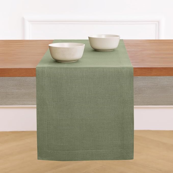 Solino Home Linen Table Runner 48 Inches - 100% Pure Linen Oil Green Table Runner 14 x 48 Inch Ideal for Dresser and Coffee Tables - Spring, St Patricks Day, Easter - Fete