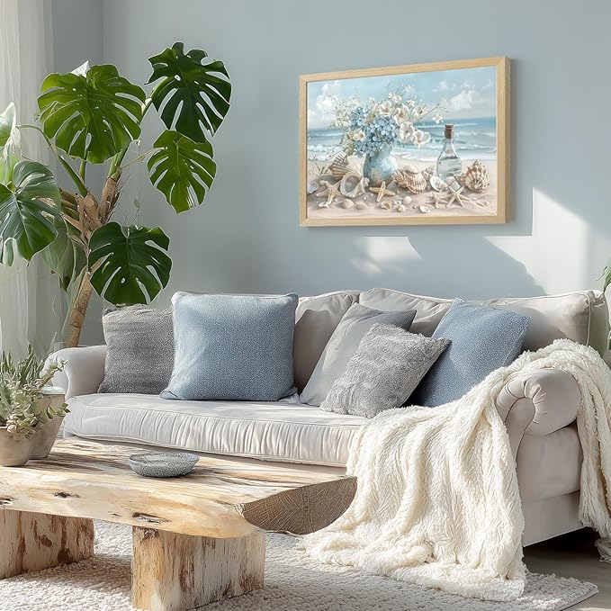 LLEEMPI Coastal Beach Wall Art, Seashell Starfish Ocean Wall Decor, Shell Floral Sea Canvas Print, Blue Sky White Cloud Landscape Poster Print for Bathroom Bedroom Office Wood Framed 12x16 Inch