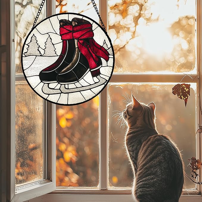 Stained Glass Window Hanging 4 Pcs Set Winter Skiing Red Christmas House Large 15" - Suncatcher Door Garden Sun Catcher Decor Birthday Mother's Day for Mom Woman Nana Friend