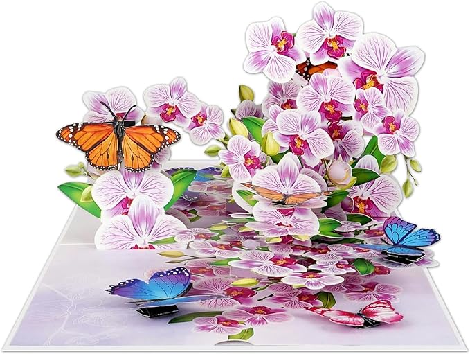 Greeting Card Purple Orchid with Butterflies 3D Pop-Up Cards Handmade Birthday Flower Gift for Women, Mom, Wife, Men 6x8 Inches Aniversary Wedding Christmas Gifts Floral