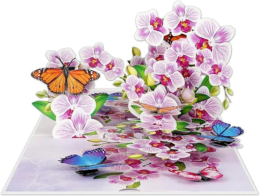 Greeting Card Purple Orchid with Butterflies 3D Pop-Up Cards Handmade Birthday Flower Gift for Women, Mom, Wife, Men 6x8 Inches Aniversary Wedding Christmas Gifts Floral