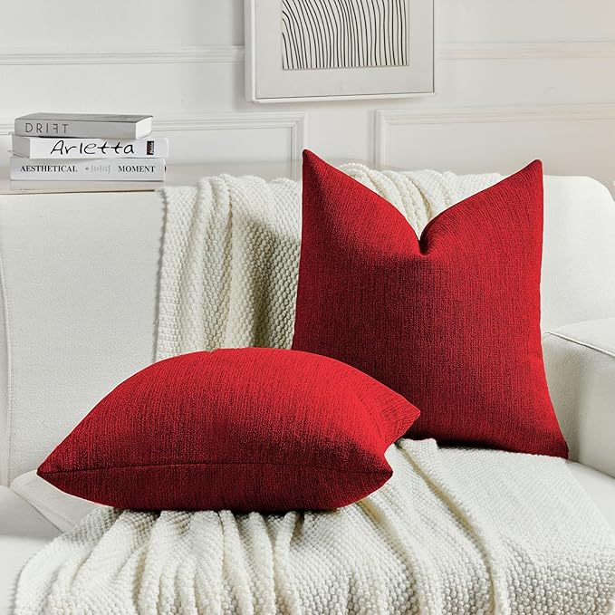 FUTEI Christmas Red Chenille Decorative Throw Pillow Covers 24x24 Inch Set of 2,Soft Cozy Faux Linen Textured European Pillow Shams,Farmhouse Home Decor for Couch Living Room