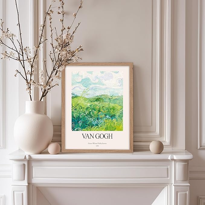 Monem Art Vintage Van Gogh Poster - Retro Impressionist Print - Green Wheat Fields, Auvers, Sky, Leaves, Landscape - Gift for Artist, Friend - Wall Decor for Home, Office, 11x14 Beige Framed