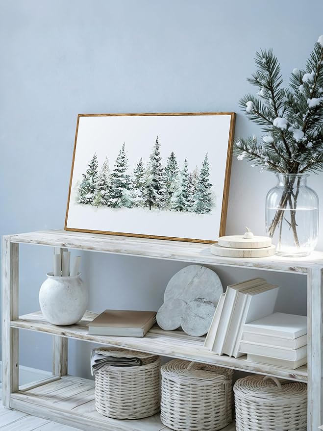 VIYYIEA Framed Canvas Wall Art, Large Vintage Christmas Picture Decor Indoor, 16x24in, Rustic Winter Pine Forest Painting Artwork For Living Dining Room Hallway Fireplace, Holiday Decorations