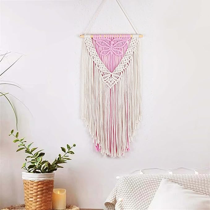LB Macrame Wall Hanging, Pink Butterfly Tapestry Wall Hanging Decor Boho Art Wall Decor Bohemian Handmade Yarn Macrame Wall Art for Living Room Apartment Office Backdrop,13" W x 25.6" L