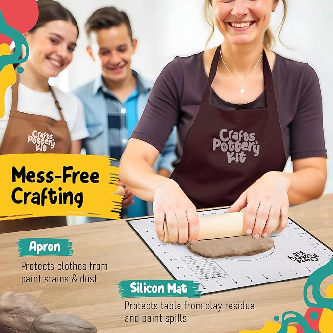 Clay Pottery Kit for Adults and Kids – Complete Air-Dry Clay Set with Tools, Paints, Apron, and Guide – Perfect for Beginners, Date Nights, and Group Activities