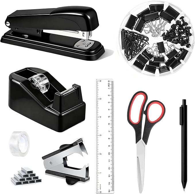 Office Desk Accessories, Black Office Supplies Accessories with Tape Dispenser, Stapler, Staple Remover, 1000 Staples, Tape, Clips Set, Ruler, Scissor, Pen