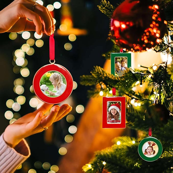 Christmas Picture Frame Ornaments - Set of 4 Red 2.5x2.5 Inch Mini Frames with Red Ribbon, Metal Photo Frames for Christmas Tree Decorations, Holiday Gift for Family & Friends