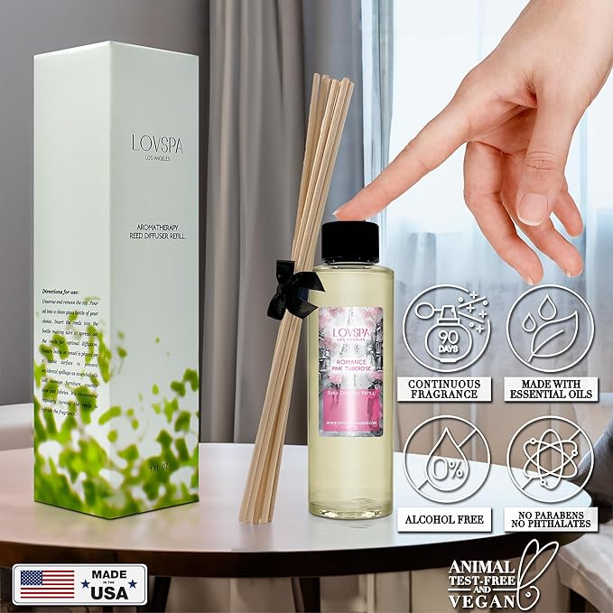 LOVSPA Romance Pink Tuberose Diffuser Oil - Luxury Essential Oils for Diffuser Refill & Air Freshener Room Spray - Long-Lasting & Natural Home Fragrance, Scented Oil for Diffusers, USA Made, 4oz