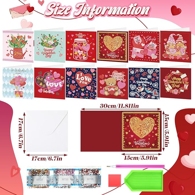 Saillong 12 Pack Valentine's Day Diamond Painting Greeting Card Kit Valentine Diamond Art Cards with Envelopes 5D Rhinestones Painting Making Kits for Adult DIY Craft Family Friend Holiday Gifts