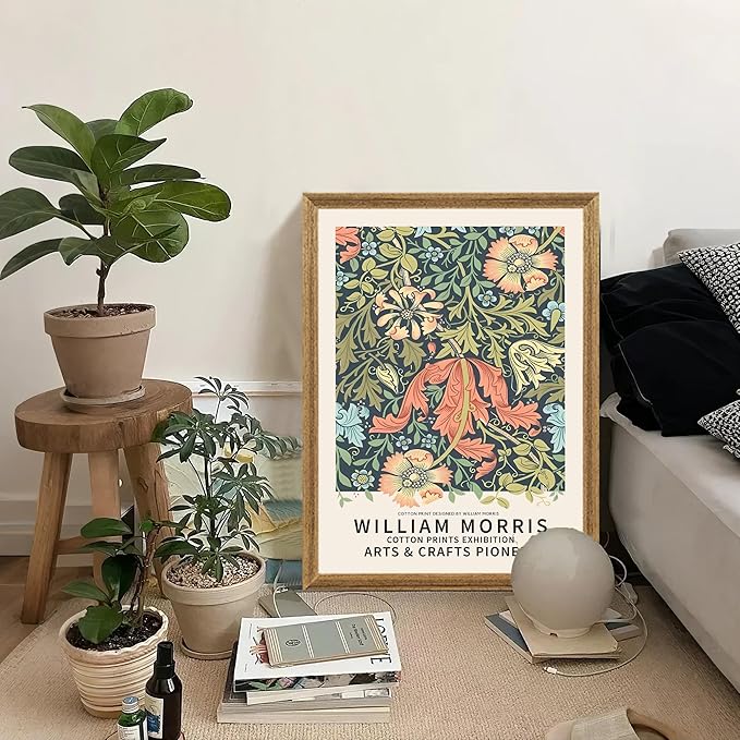 SYWENNOI 3 Pieces Wood Frames Vintage Floral Canvas Wall Art, William Morris Textured Art Wall Decor, Greens Indigos and Terracottas Botanical Designs Prints for Living Room Bedroom Offices 12x16 In