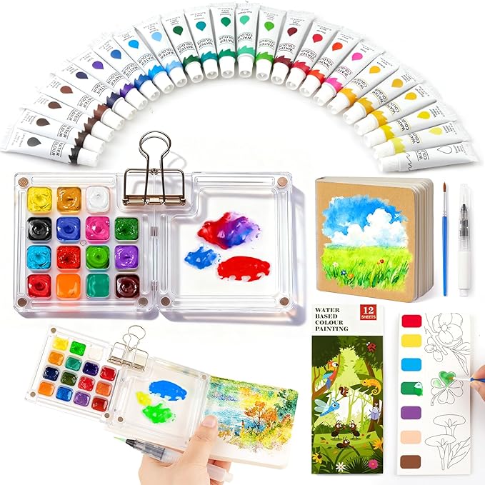 Mini Watercolor Paint Set, Paint Palette Travel Kit, Pocket Watercolor Travel, Pocket Watercolor Set with 24 Colors Paint, Brush, Binder Clips, Sketchbook, collocation watercolor coloring book