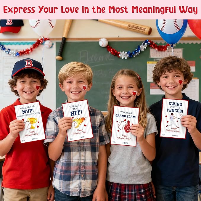 TICIAGA 72pcs Valentine’s Day Baseball Greeting Cards with Envelop and Stickers for Kids, 4 x 6 IN Sporty Design Baseball Exchange Gift Cards for Boys Girls Classroom Supplies, Valentines Party Favors
