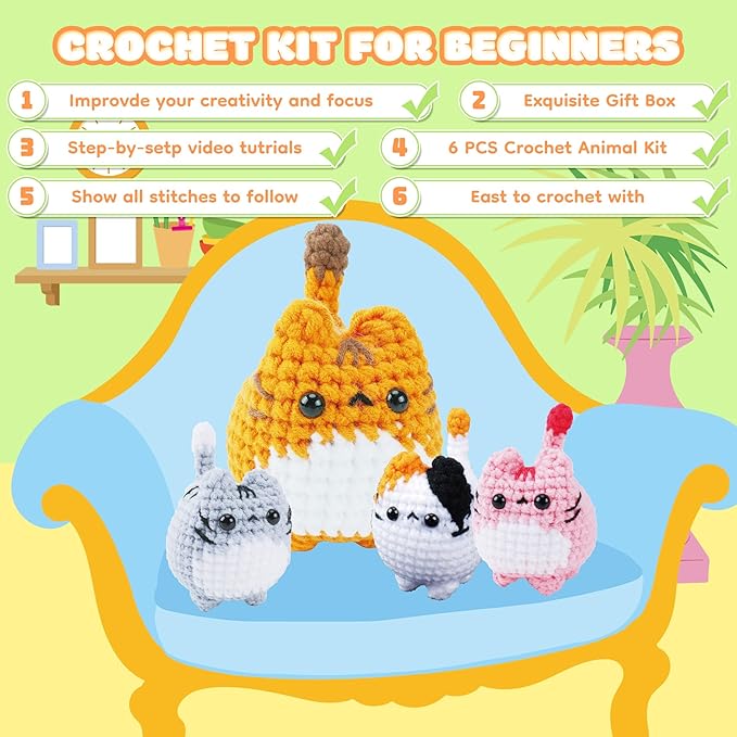 Crochet Kit for Beginners-4PCS Cat Crochet Kits for Adults, Crochet Starter Kit with Step-by-Step Video Tutorials, Crochet Animals Kits DIY Craft Knitting Kit Learn to Crochet Kits for Adults