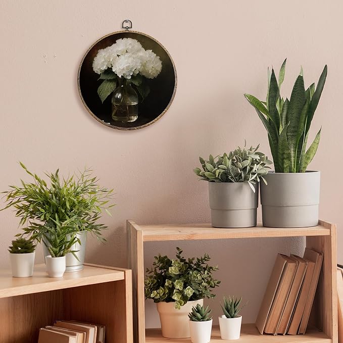 FUGWN Vintage White Hydrangea Floral Round Wall Art Decor Framed, Retro Cottagecore Hydrangea Canvas Artwork Prints, Dark Moody Flower Wall Hanging Decorations for Home Bedroom Living Room, 10x10 Inch