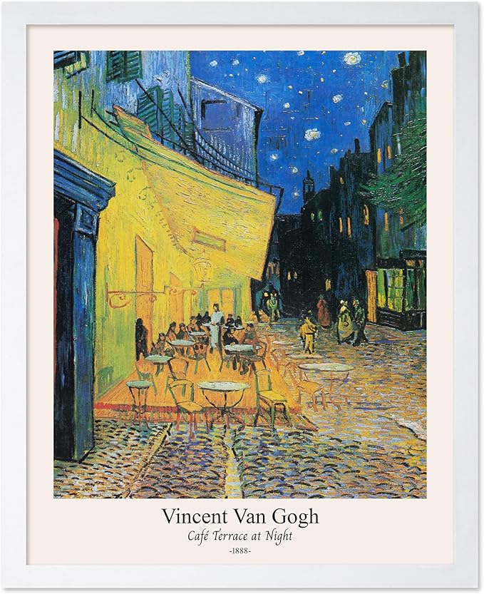 Monem Art Vintage Van Gogh Poster - Retro Cafe Terrace at Night Print - Impressionism Art - Fine Art - Classic Painting Art - Aesthetic Living Room or Bedroom Wall Decor - 8x10 White Framed
